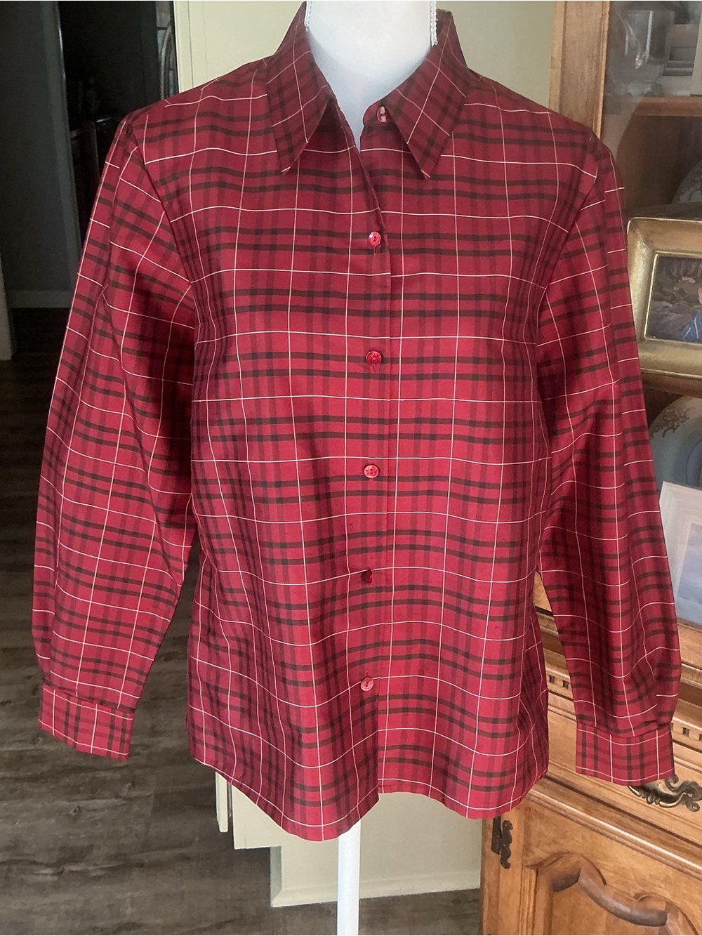 Jones Wear Vintage 100% Silk Red Tartan Grid Check Button Down Blouse Sz 16 90’s